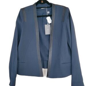 NWT FOUNDRAE Navy Blue Open Blazer Jacket Leather Trim Office Siren Cotton Silk